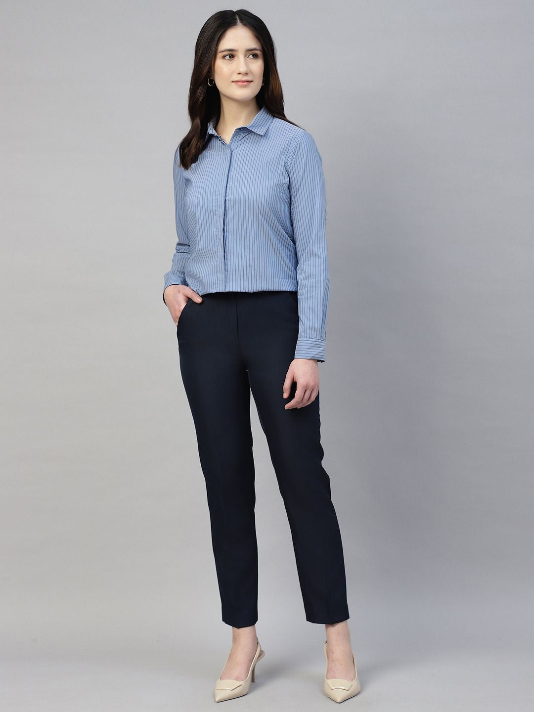 Hancock Women Blue Stripe Cotton Elastene Regular Fit Formal Shirt