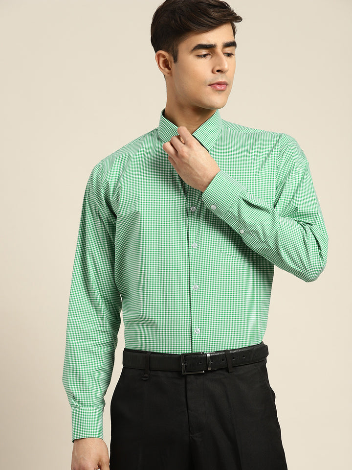 Men Green & white Checks Pure Cotton Slim fit Formal Shirt