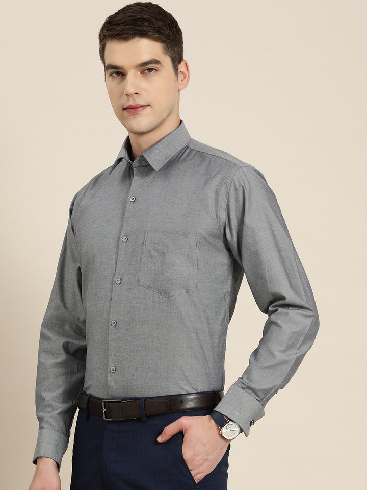 Men Grey Solid Pure Cotton French Cuff Slim Fit Formal Shirt