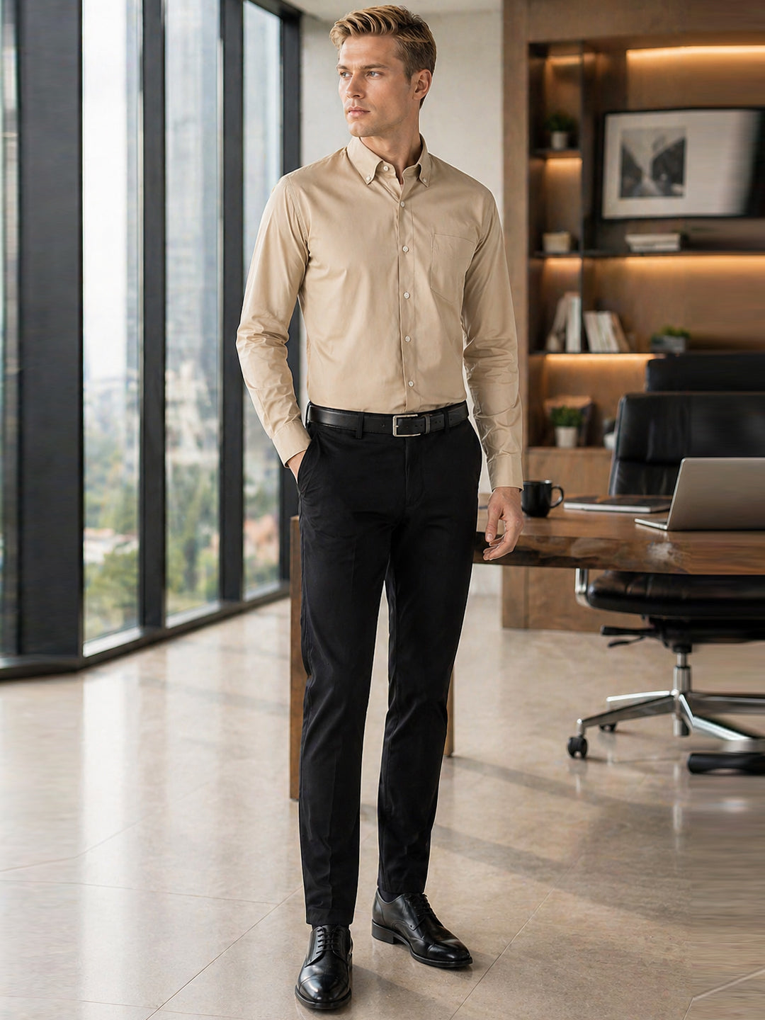 Hancock   Men   Beige   Solids   Pure Cotton   Slim Fit   Formal   Shirt
