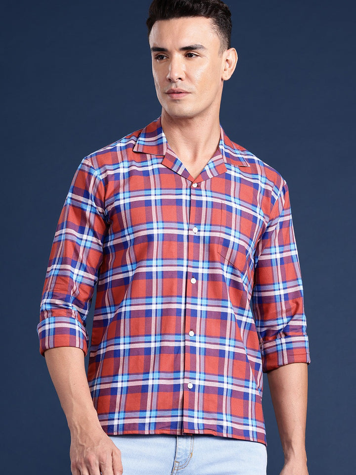Men Rust Checked Pure Cotton Relaxed Fit Casual Shirt