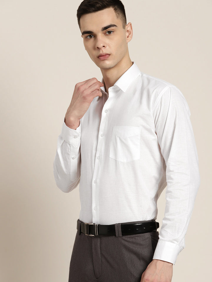 Men White Solid Linen Cotton Slim fit Formal Shirt