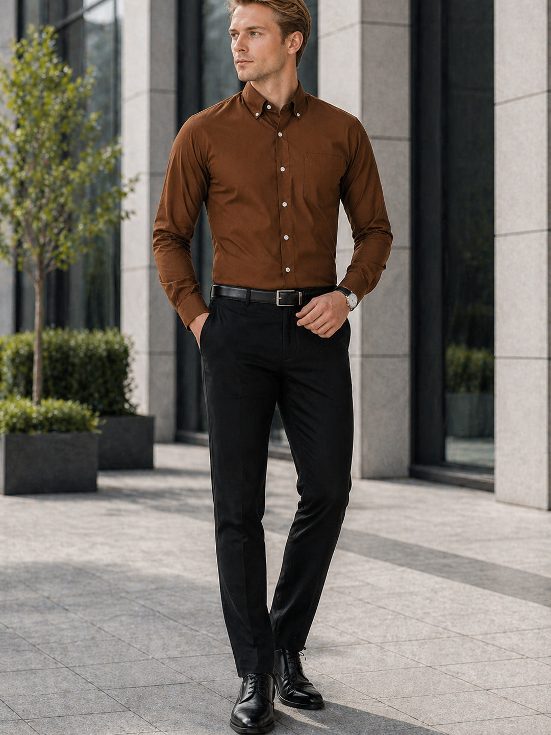 Hancock   Men   Camel Brown   Solids   Pure Cotton   Slim Fit   Formal   Shirt