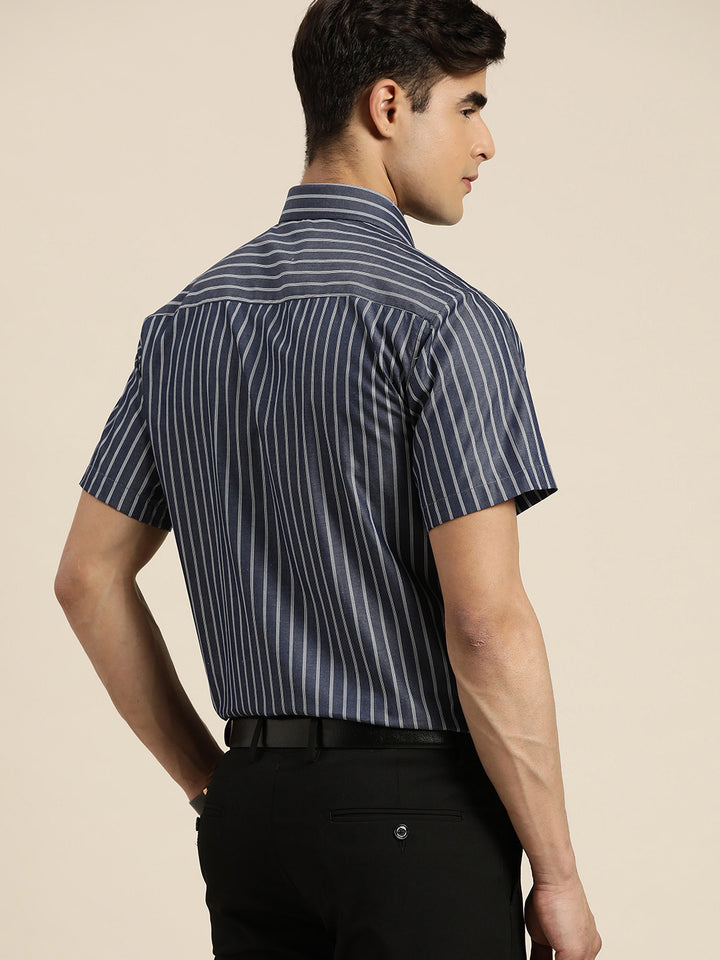 Men Navy & White Stripes Pure Cotton Slim fit Formal Shirt