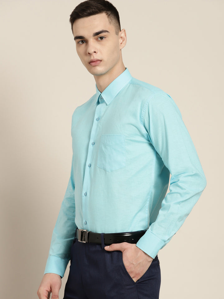 Men Sky Blue Solid Linen Cotton Slim fit Formal Shirt