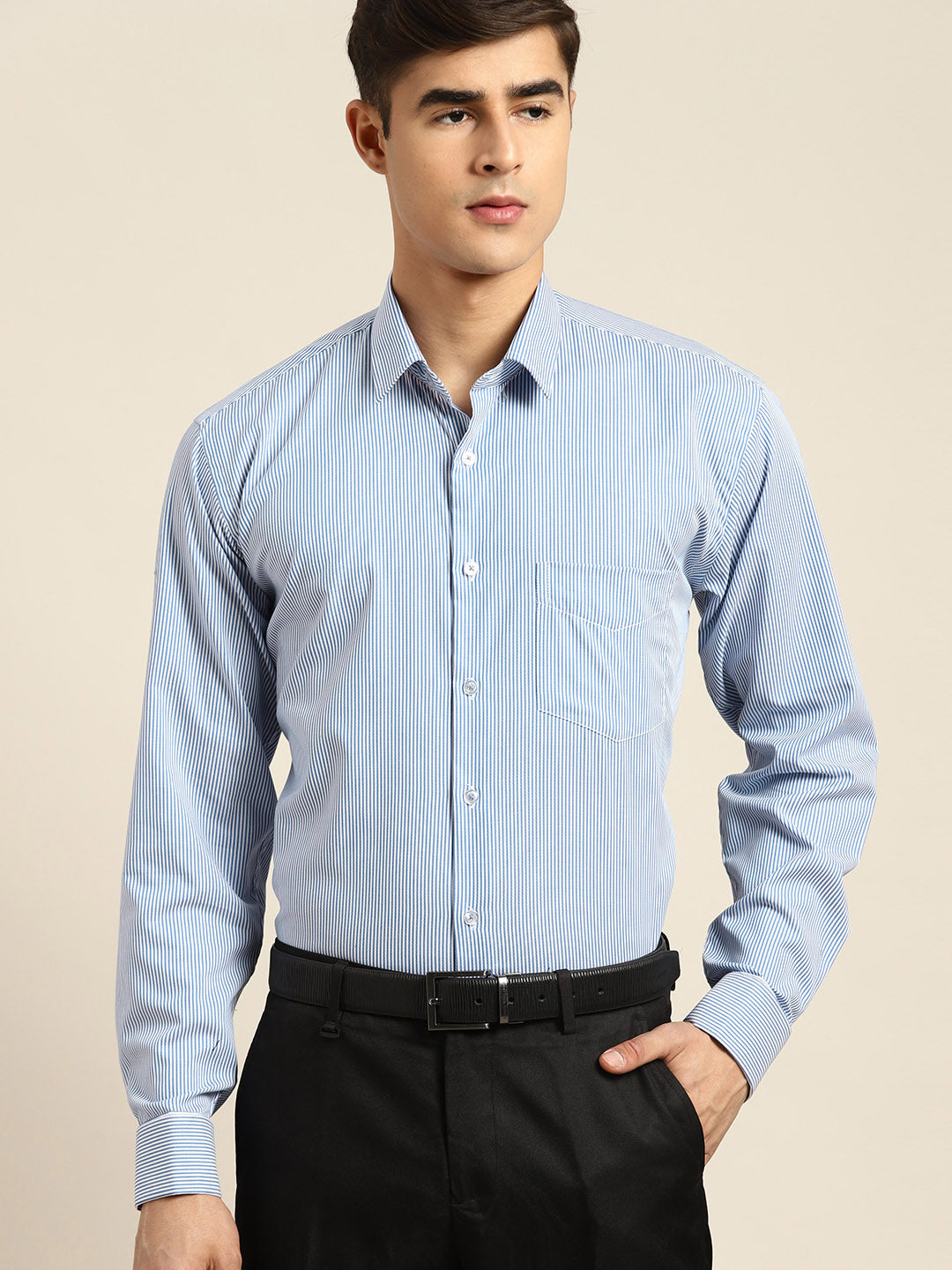 Men Blue & White Stripes Pure Cotton Regular Fit Formal Shirt