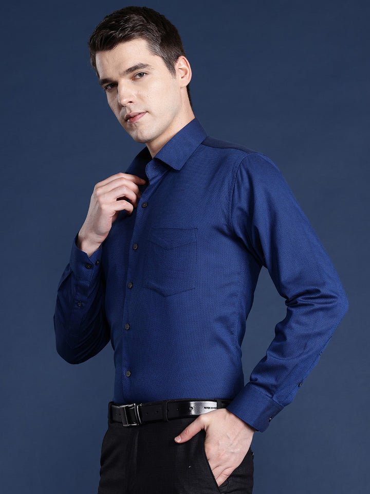 Men Navy Blue Solid Pure Cotton Slim Fit Formal Shirt