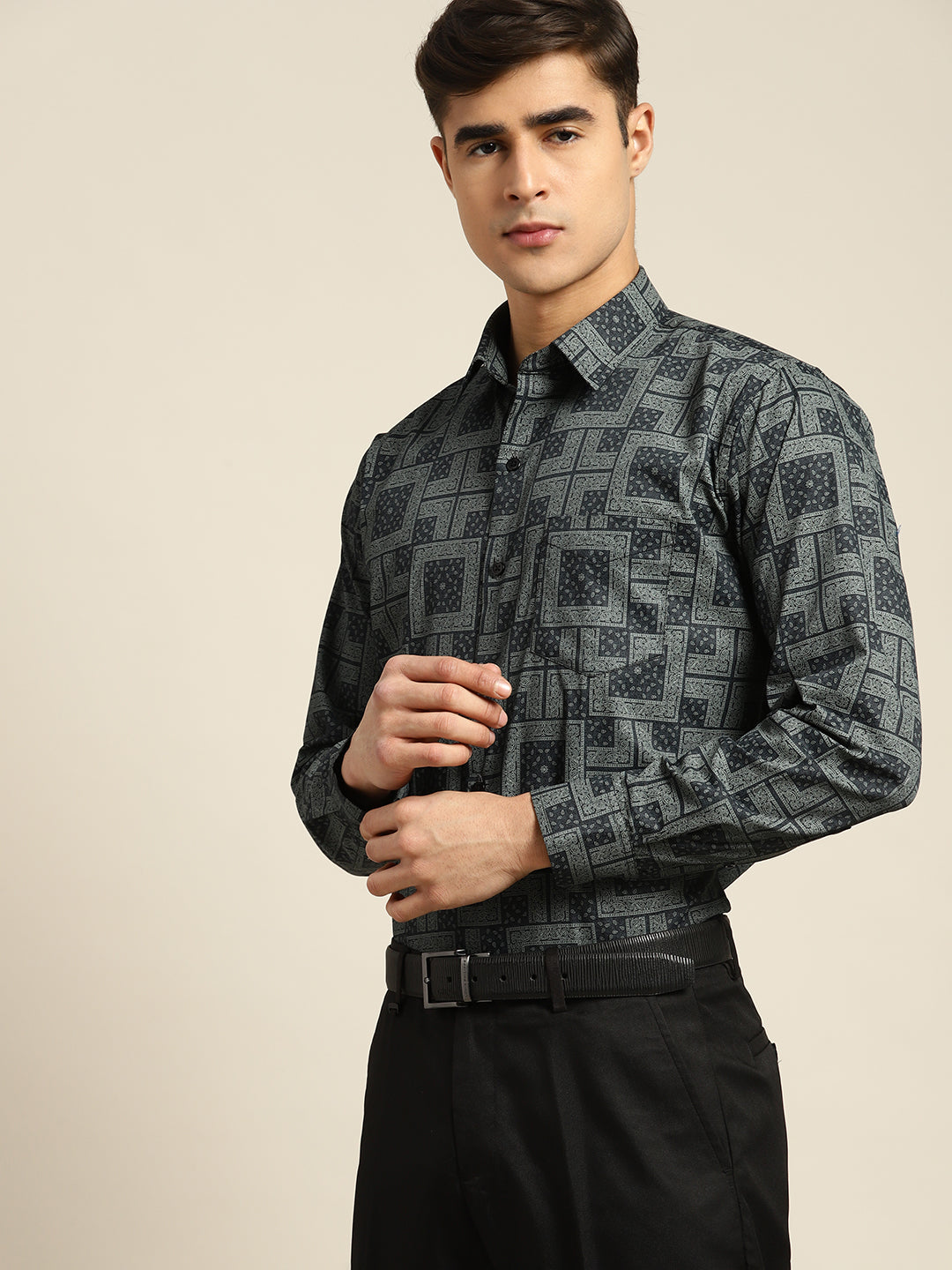 Men Navy Print Pure Cotton Slim fit Party Shirt