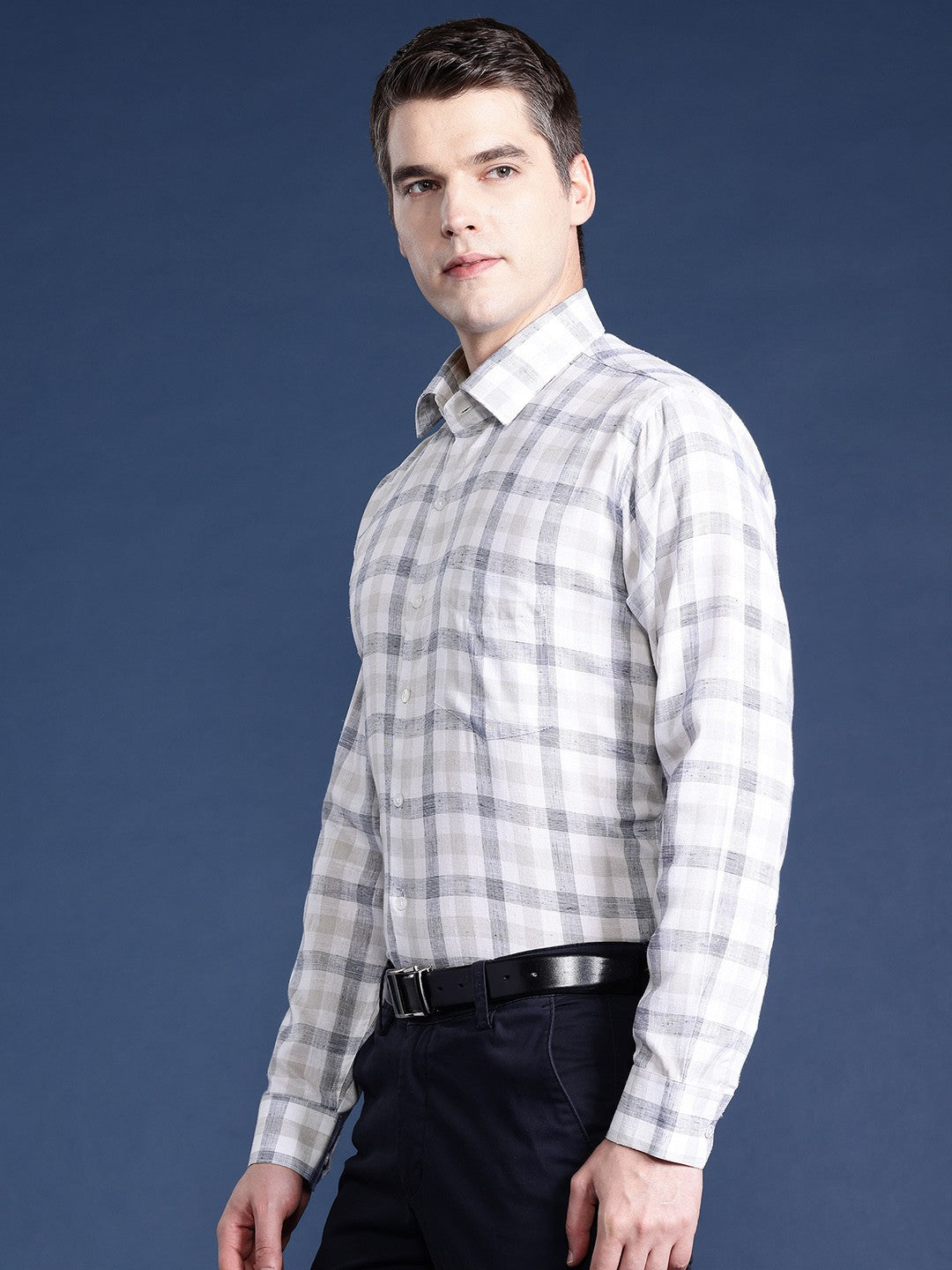 Men White & Grey Checked Pure Linen Cotton Slim Fit Formal Shirt