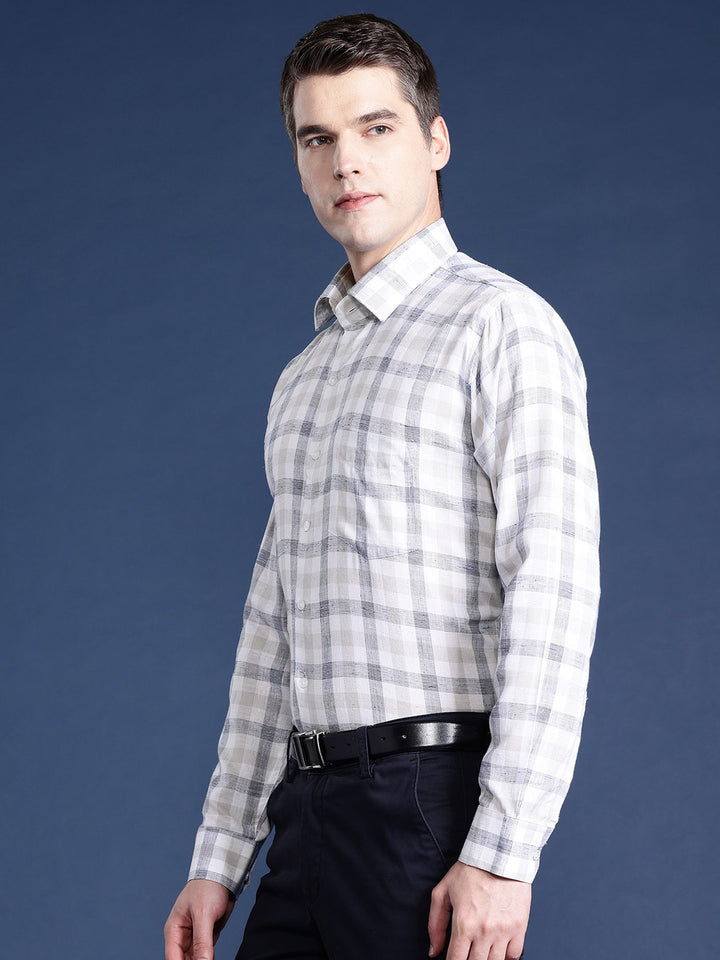Men White & Grey Checked Pure Linen Cotton Slim Fit Formal Shirt