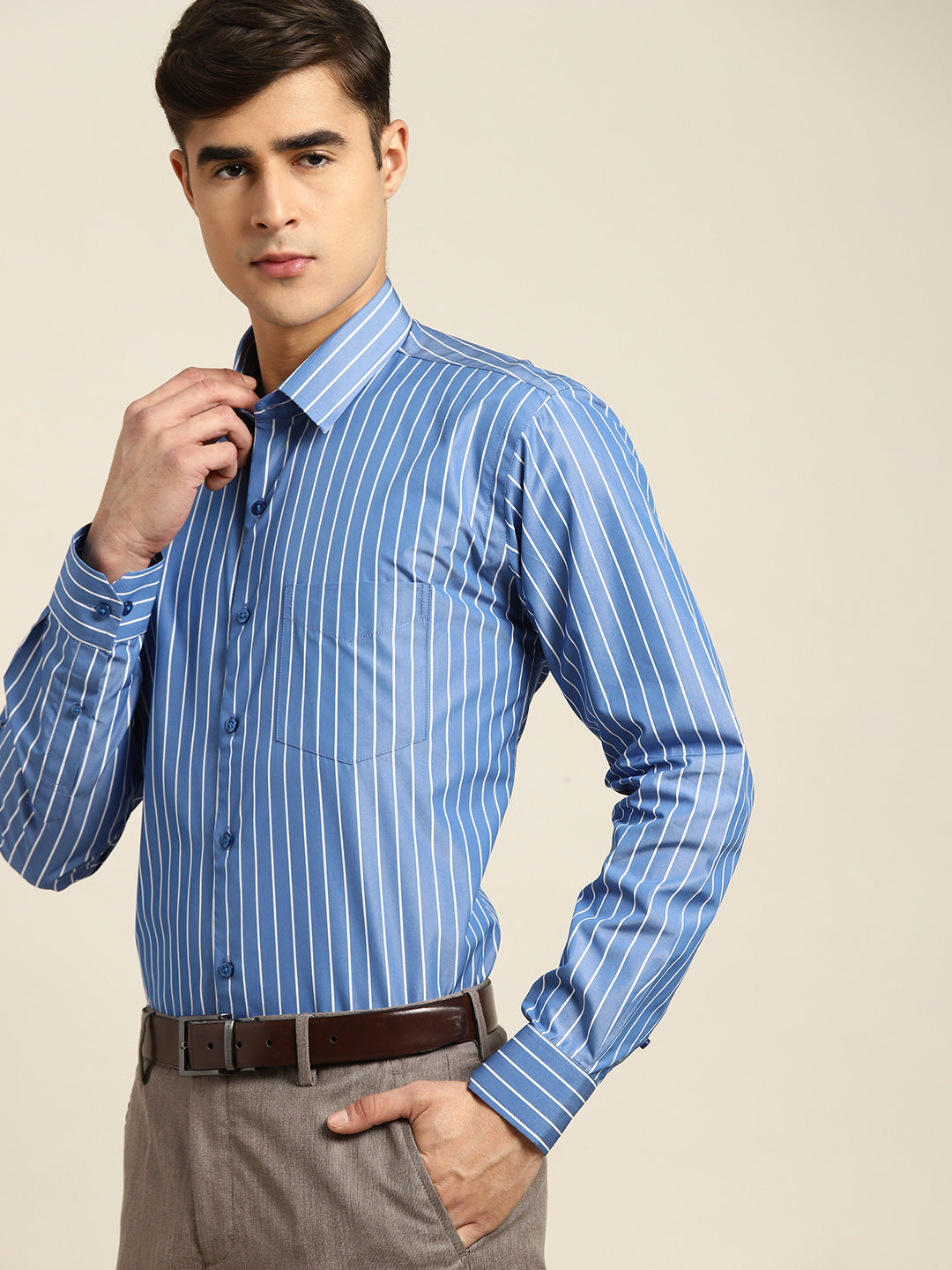 Men Blue Stripes Pure Cotton Slim fit Formal Shirt