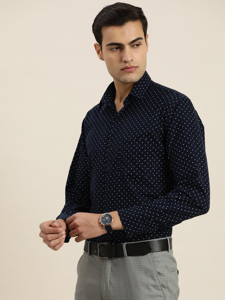 Men Navy & White Print Pure Cotton Slim fit Party Shirt