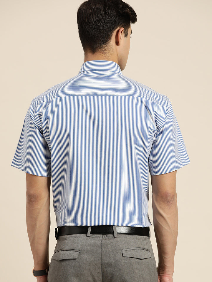 Men Blue & White Stripes Pure Cotton Slim fit Formal Shirt