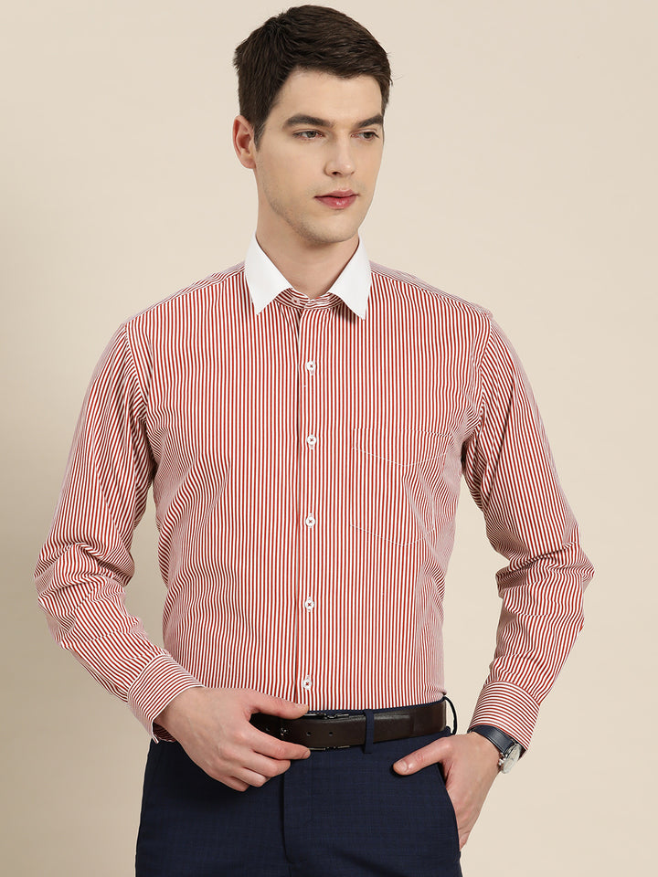 Men White & Red Stripes Pure Cotton Slim fit Formal Shirt