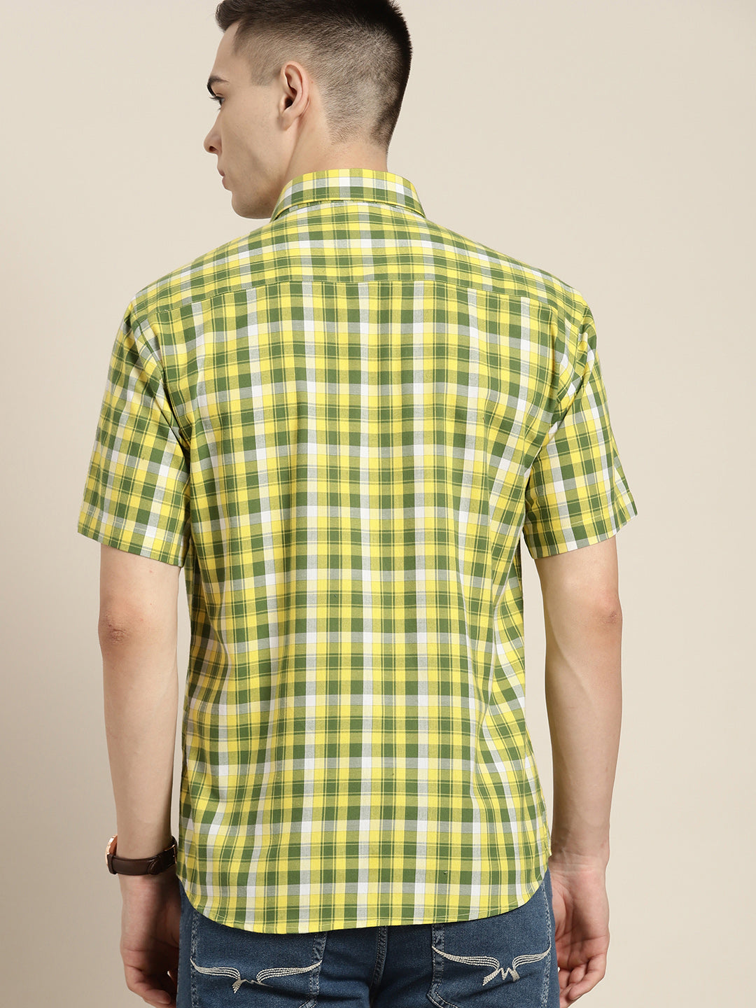 Men Yellow & Green Checks Pure Cotton Slim fit Casual Shirt