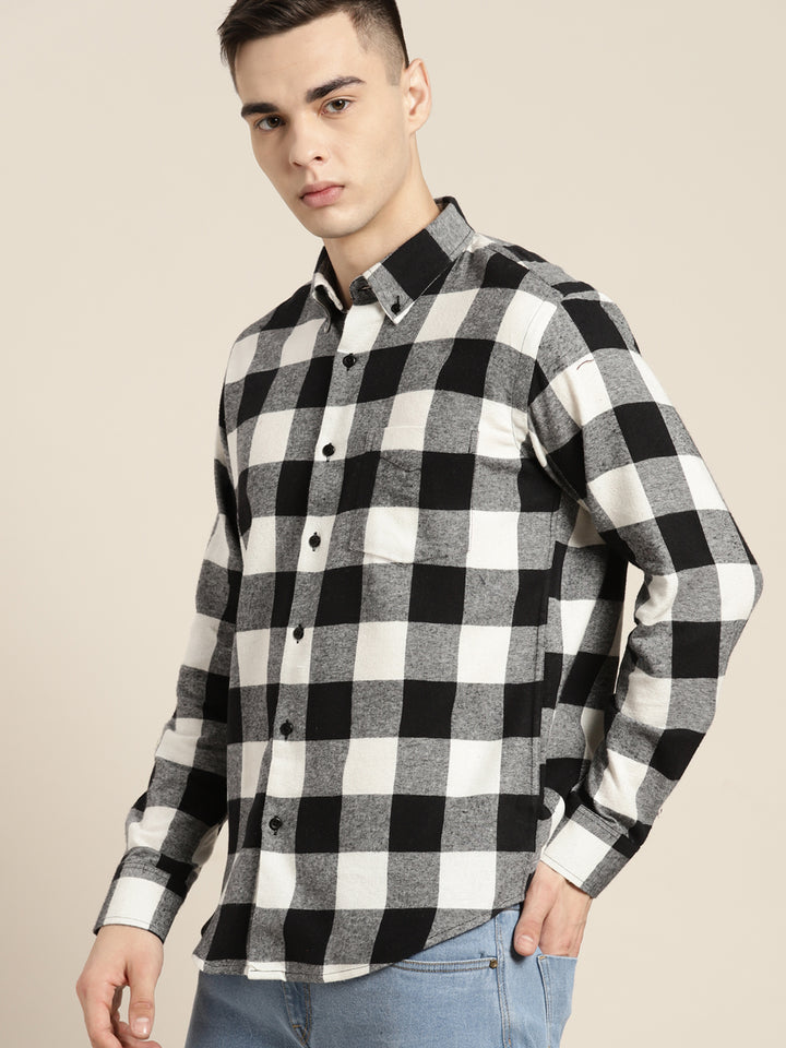 Men Black & White Checks Pure Cotton Slim fit Casual Shirt