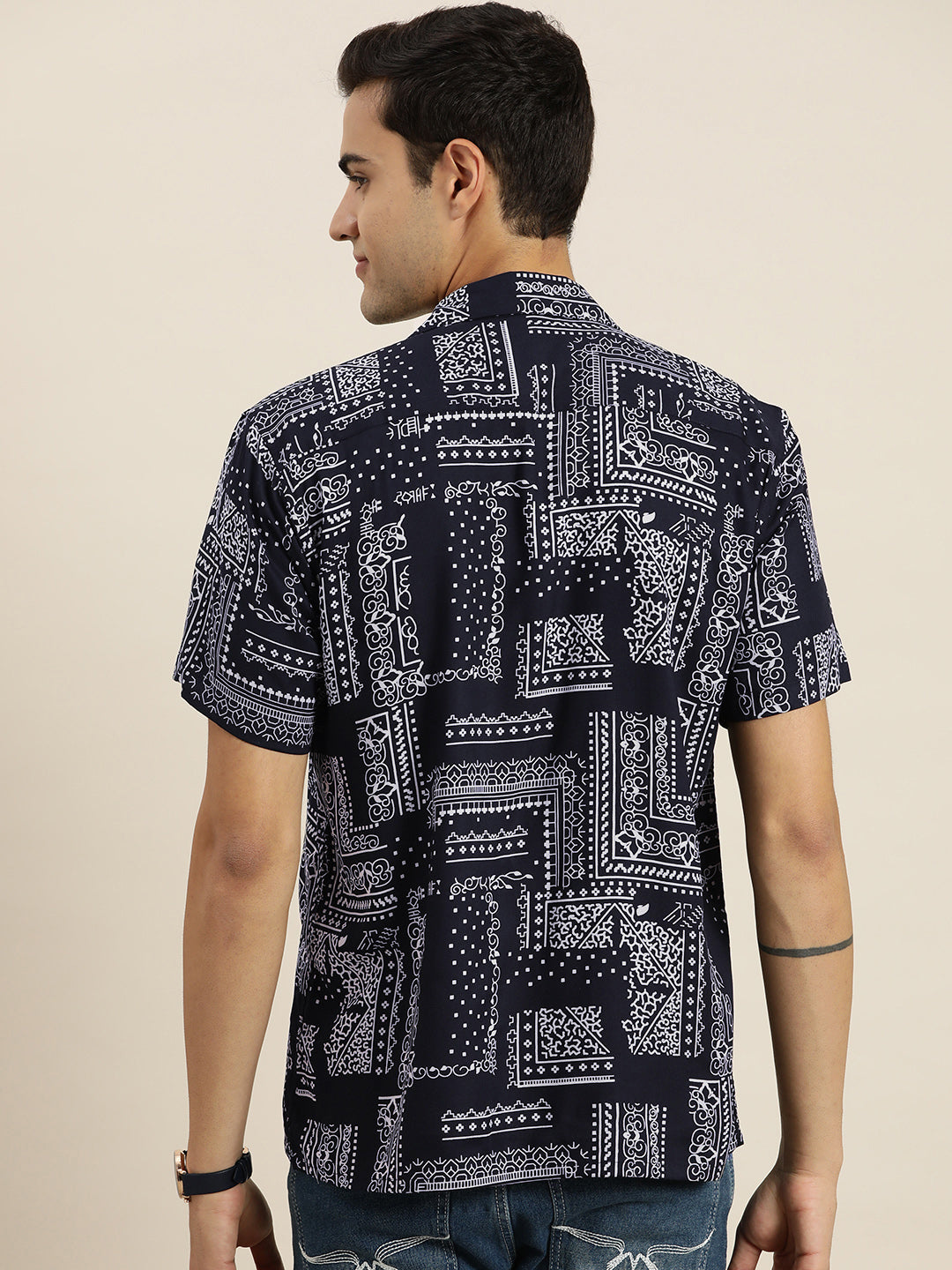 Men Navy Print Viscose Rayon Relaxed Fit Casual Resort Shirt