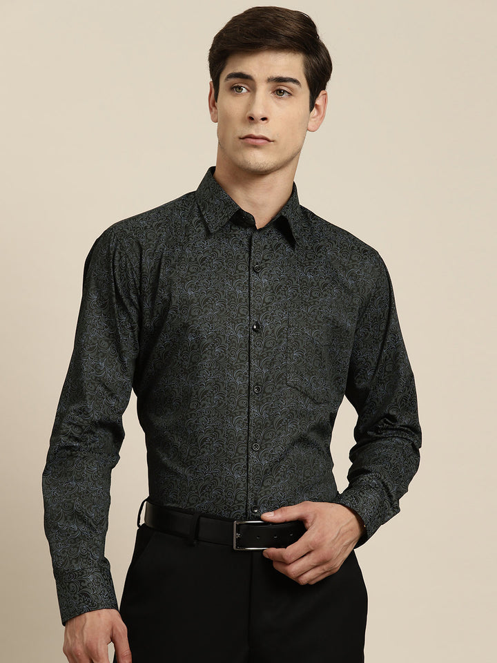 Men Black Print Pure Cotton Slim fit Party Shirt