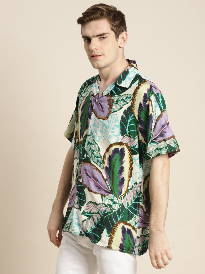 Men Green & Purple Print Viscose Rayon Relaxed Fit Casual Resort Shirt