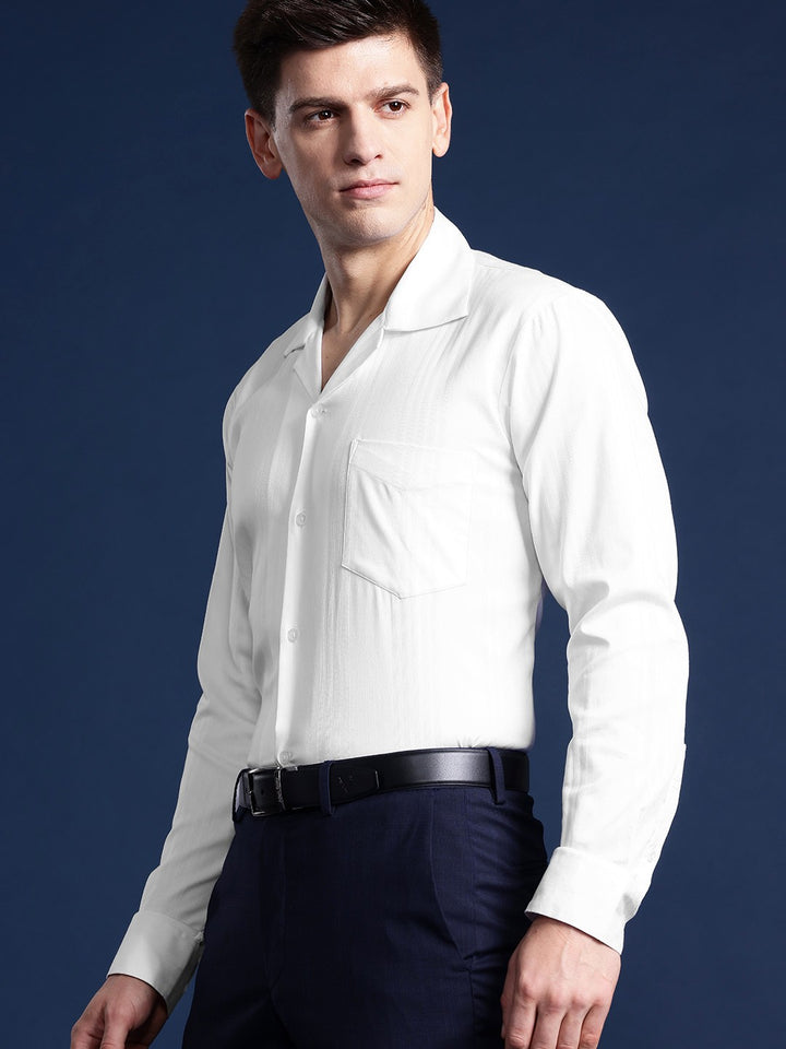Men White Solid Cotton elastane Relaxed Fit Formal Shirt