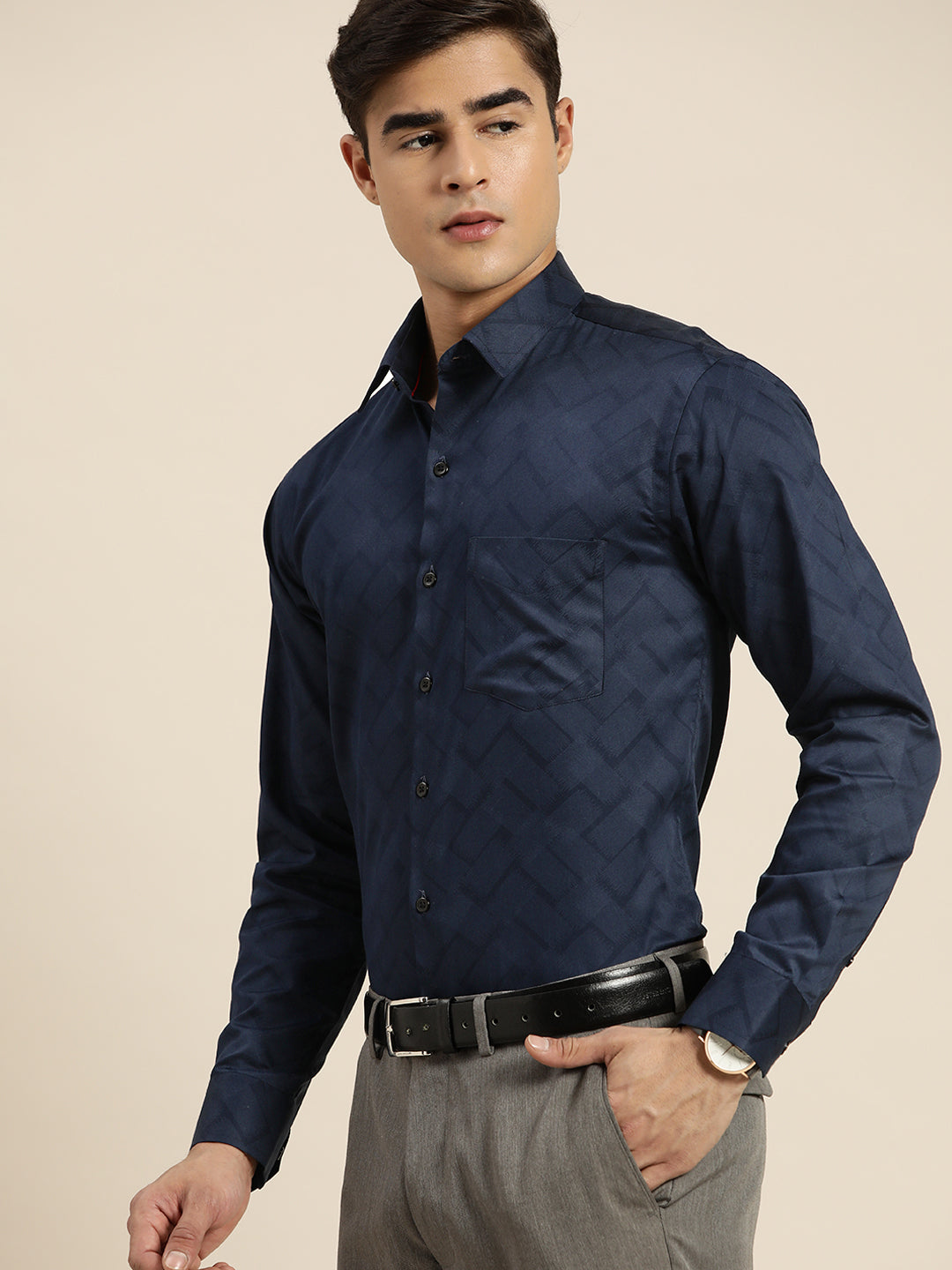 Men Navy Print Pure Cotton Slim fit Party Shirt