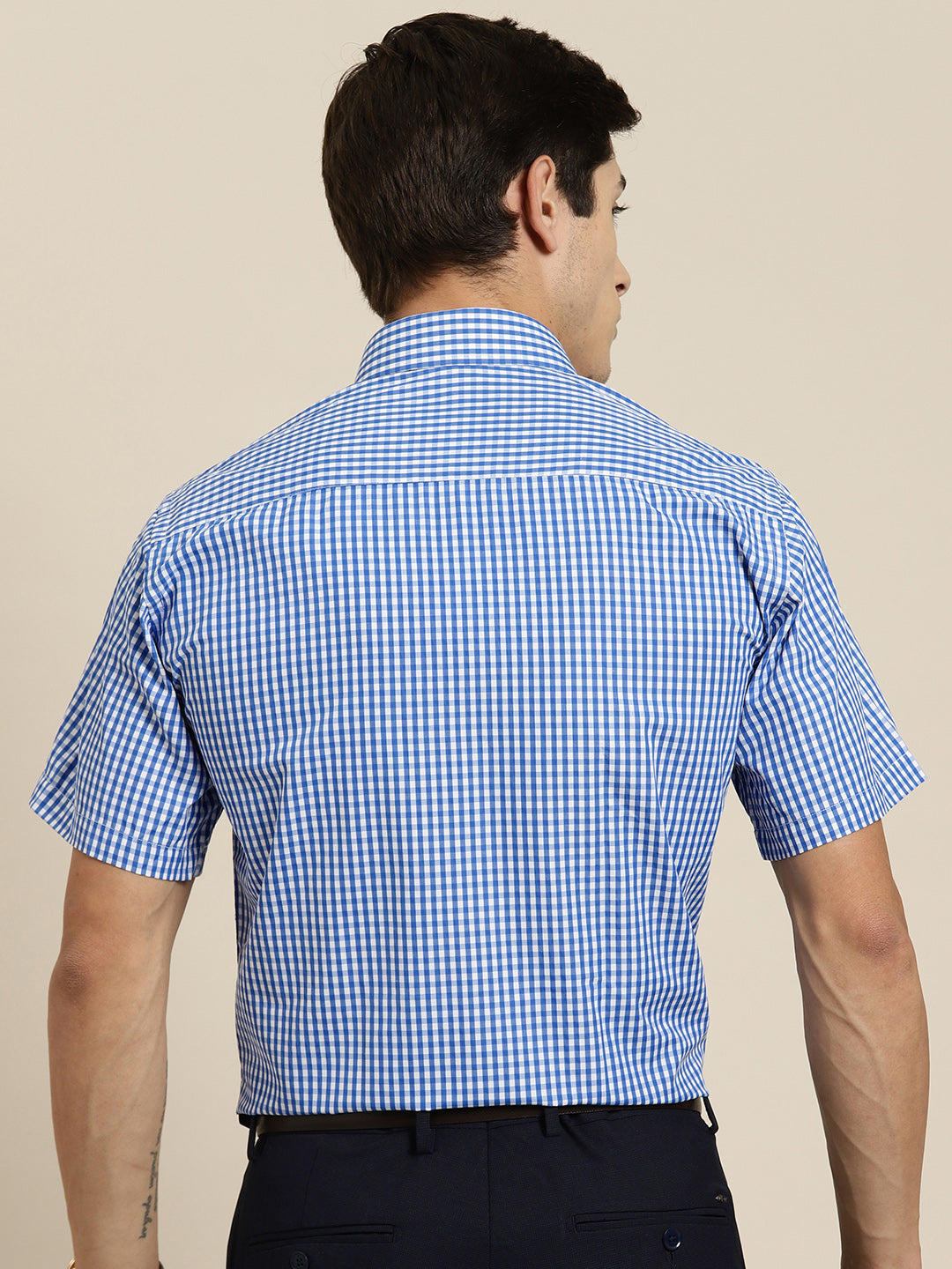 Men Blue & White Gingham Check Short Sleeve Slim fit Formal Shirt