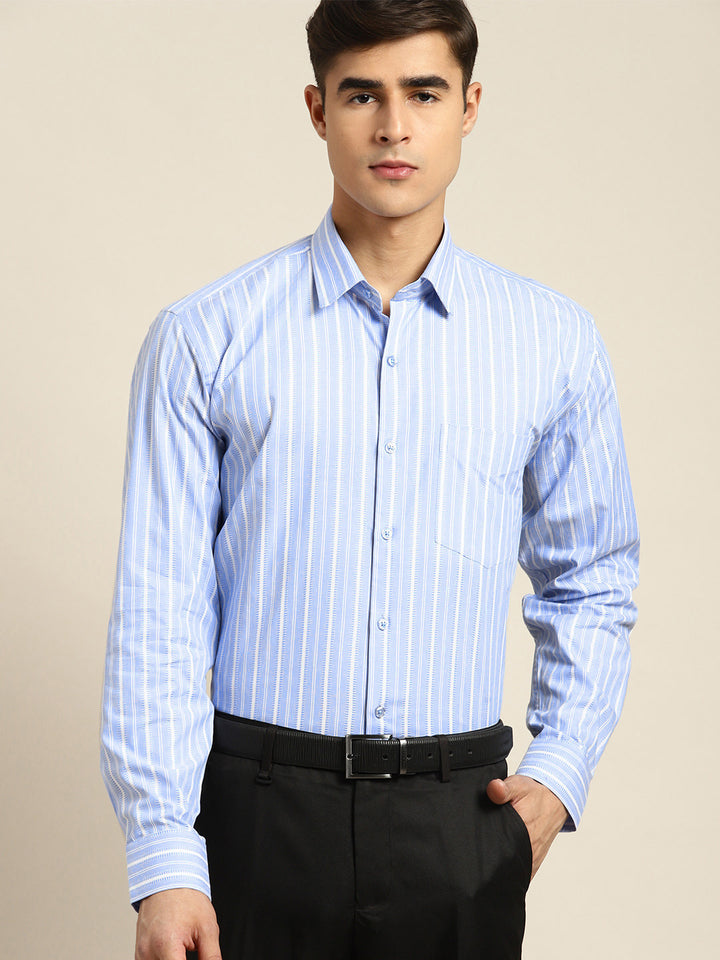 Men Blue & White Stripes Pure Cotton Slim fit Formal Shirt