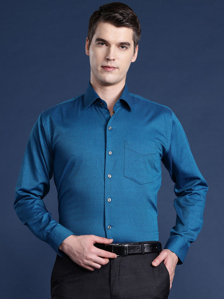 Men Turquoise Blue Solid Pure Cotton Slim Fit Formal Shirt