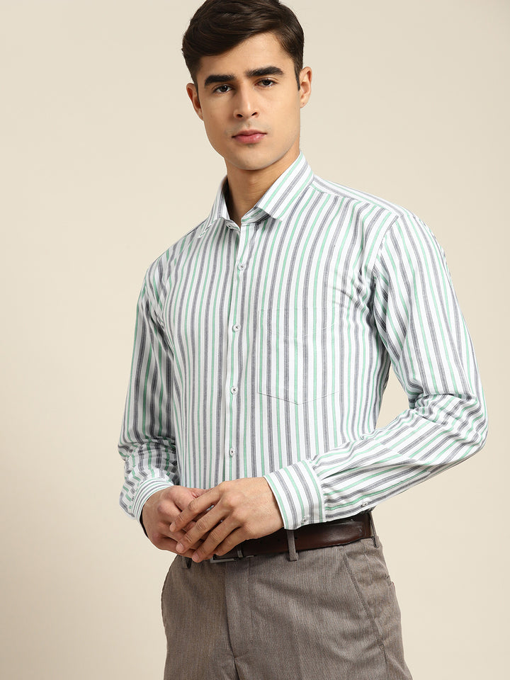 Men White & Grey Stripes Pure Cotton Slim fit Formal Shirt