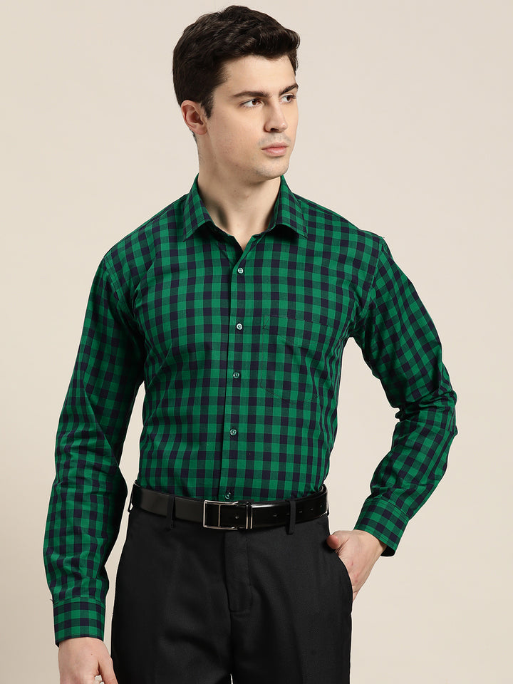 Men Green & Navy Checks Pure Cotton Slim fit Formal Shirt