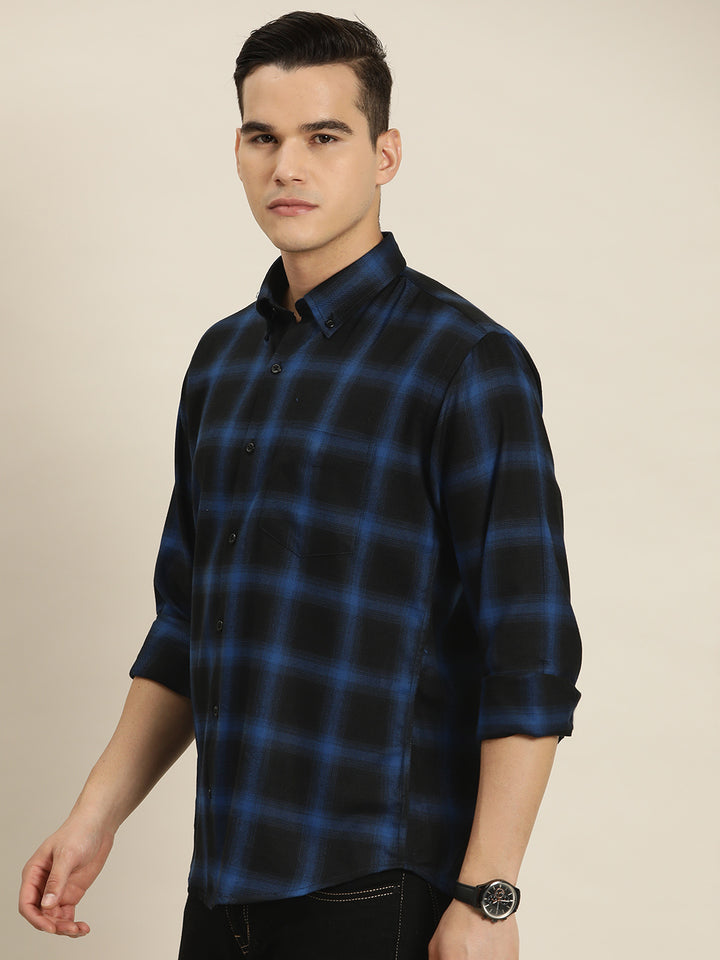 Men Blue & Navy Tartan Checks Pure Cotton Flannel Slim Fit Casual Shirt