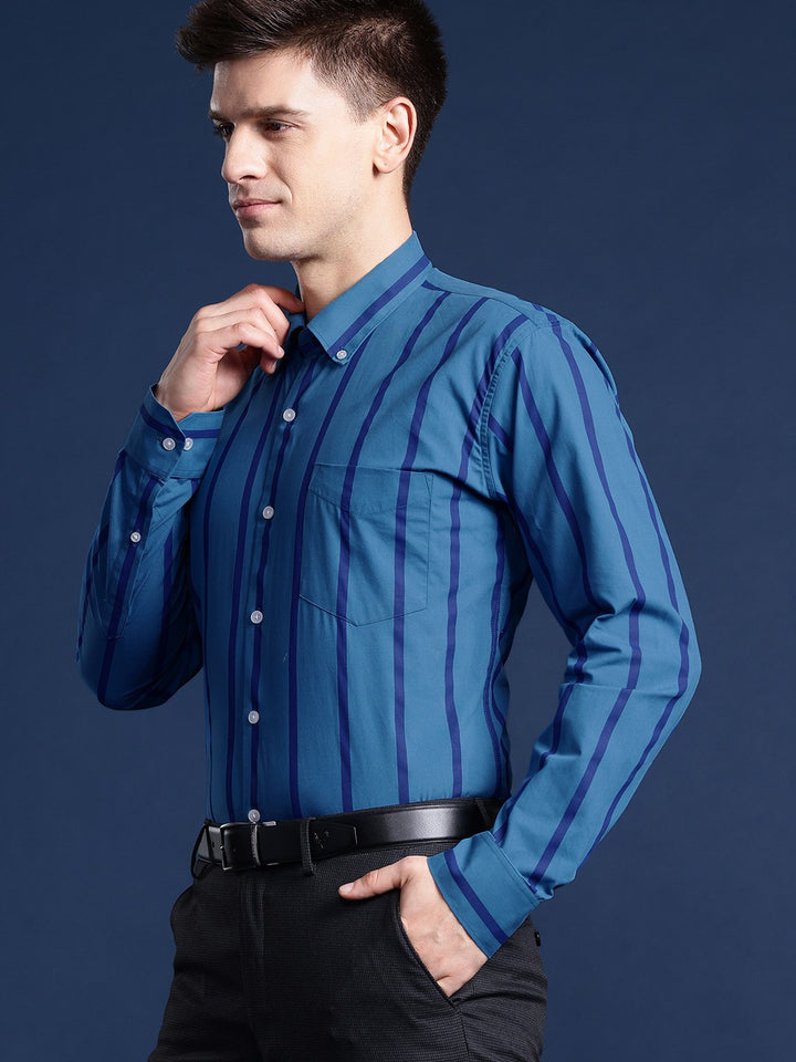Men Blue Striped Pure Cotton Slim Fit Formal Shirt