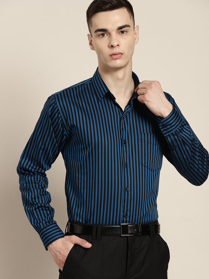 Men Blue & Black Stripes Pure Cotton Slim fit Party Shirt