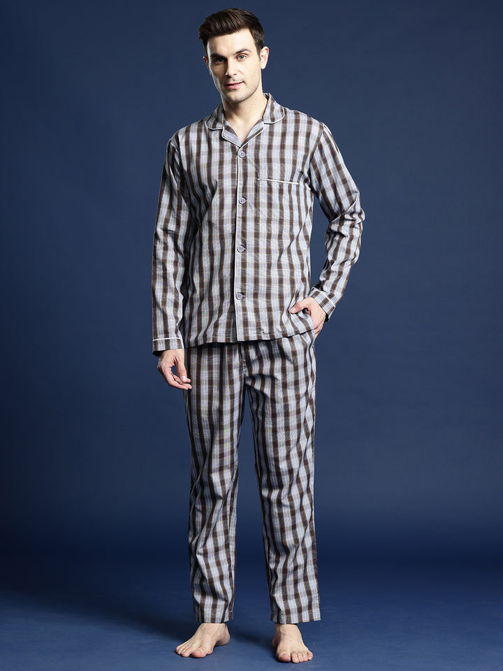 Men Grey & Brown Checked Pure Cotton Relaxed Fit Night Suit