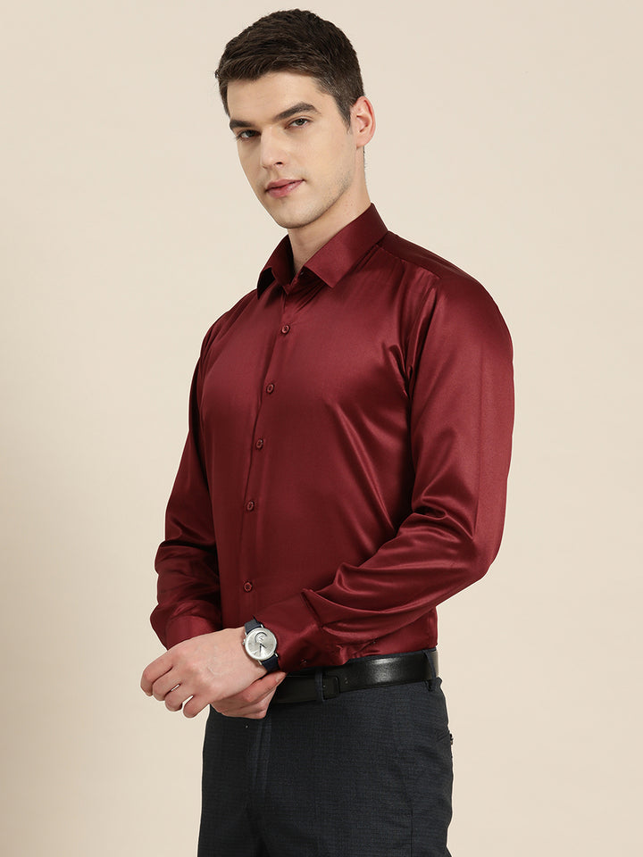 Men Maroon Solid Satin Tuxedo Slim fit Party Shirt