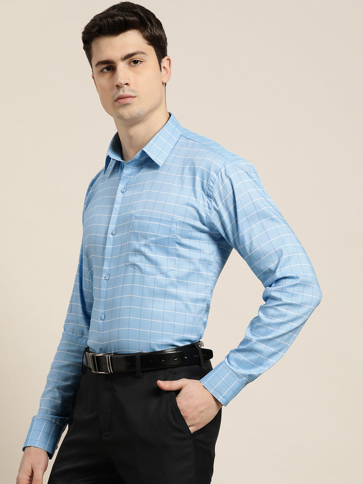 Men Sky Blue Checks Pure Cotton Slim fit Formal Shirt