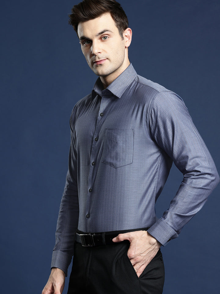 Men Navy Blue Chevron Self Design Pure Cotton Slim Fit Formal Shirt