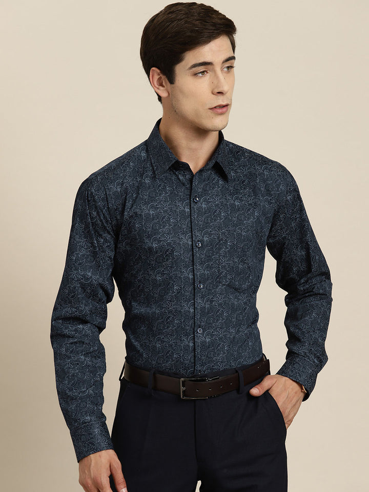 Men Navy Print Pure Cotton Slim fit Party Shirt