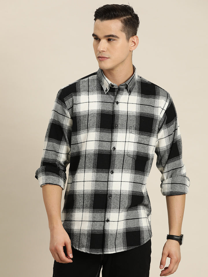 Men Black & White Checks Pure Cotton Slim fit Casual Shirt