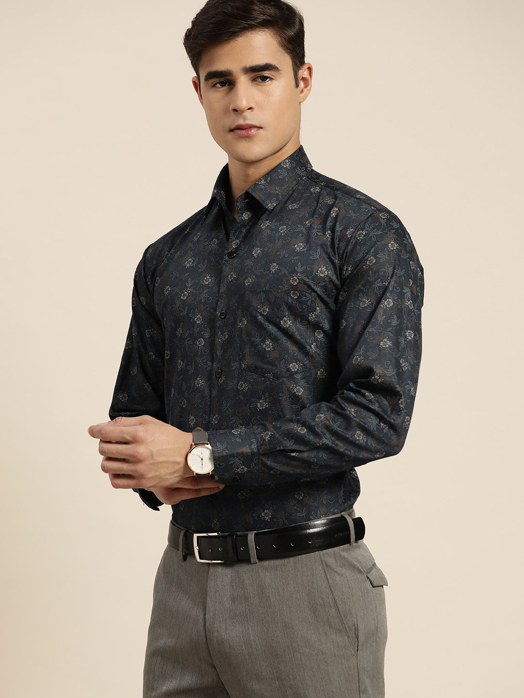 Men Navy Print Pure Cotton Slim fit Party Shirt