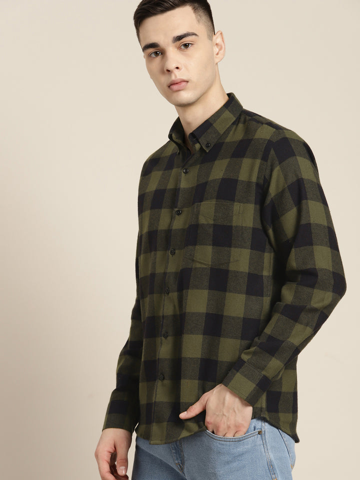 Men Olive & Black Checks Pure Cotton Slim fit Casual Shirt