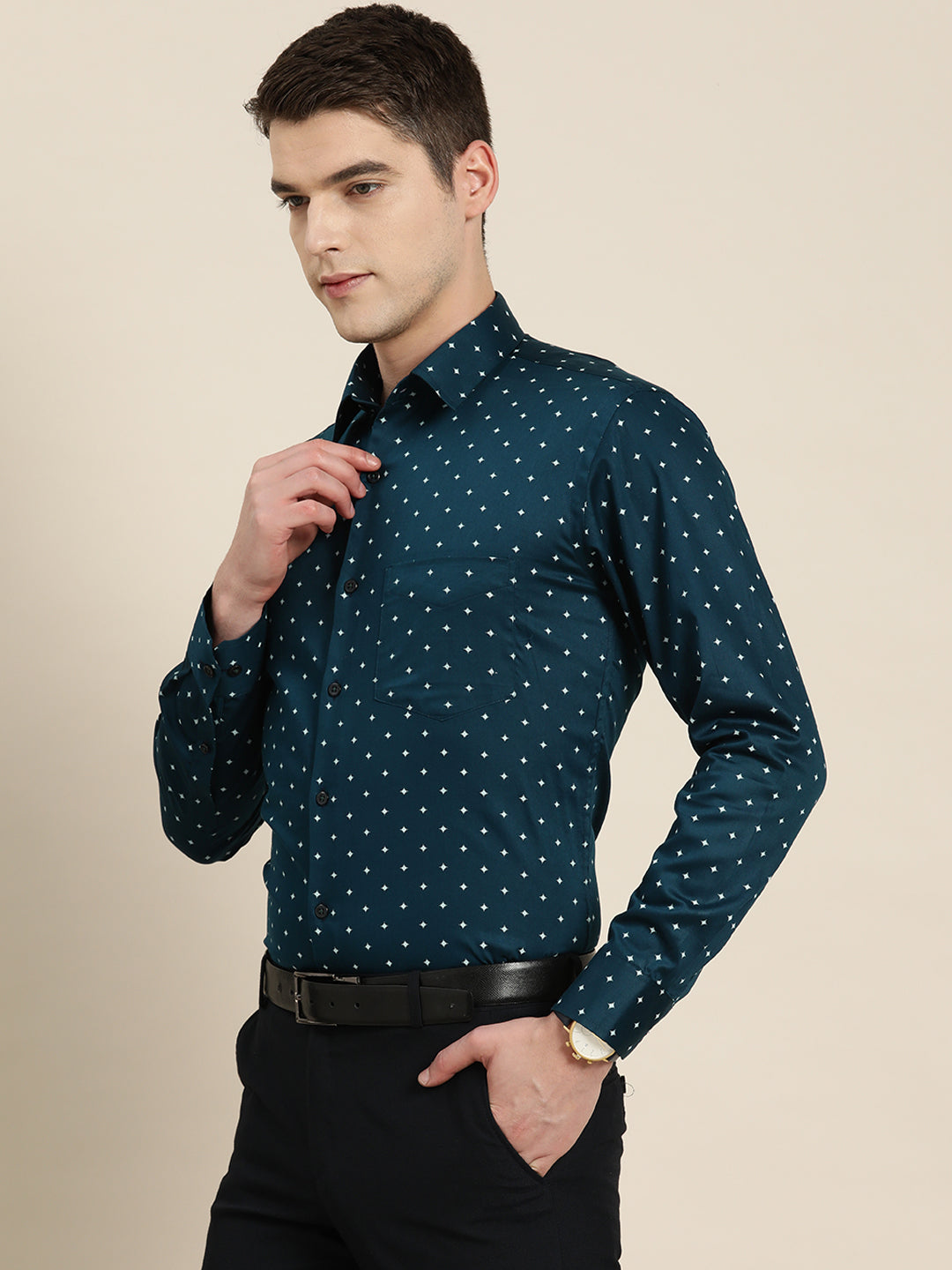 Men Navy Print Pure Cotton Slim fit Formal Shirt