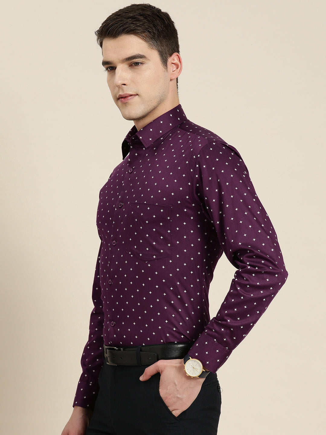 Men Burgundy Print Pure Cotton Slim fit Party Shirt