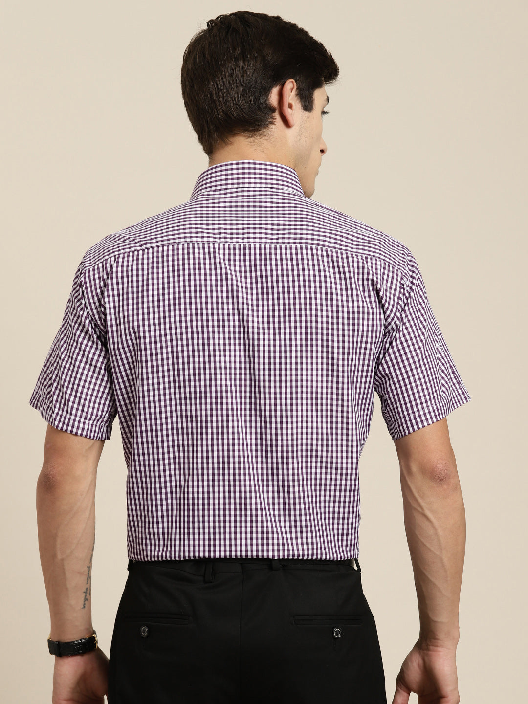 Men Purple & White Gingham Check Short Sleeve Slim fit Formal Shirt