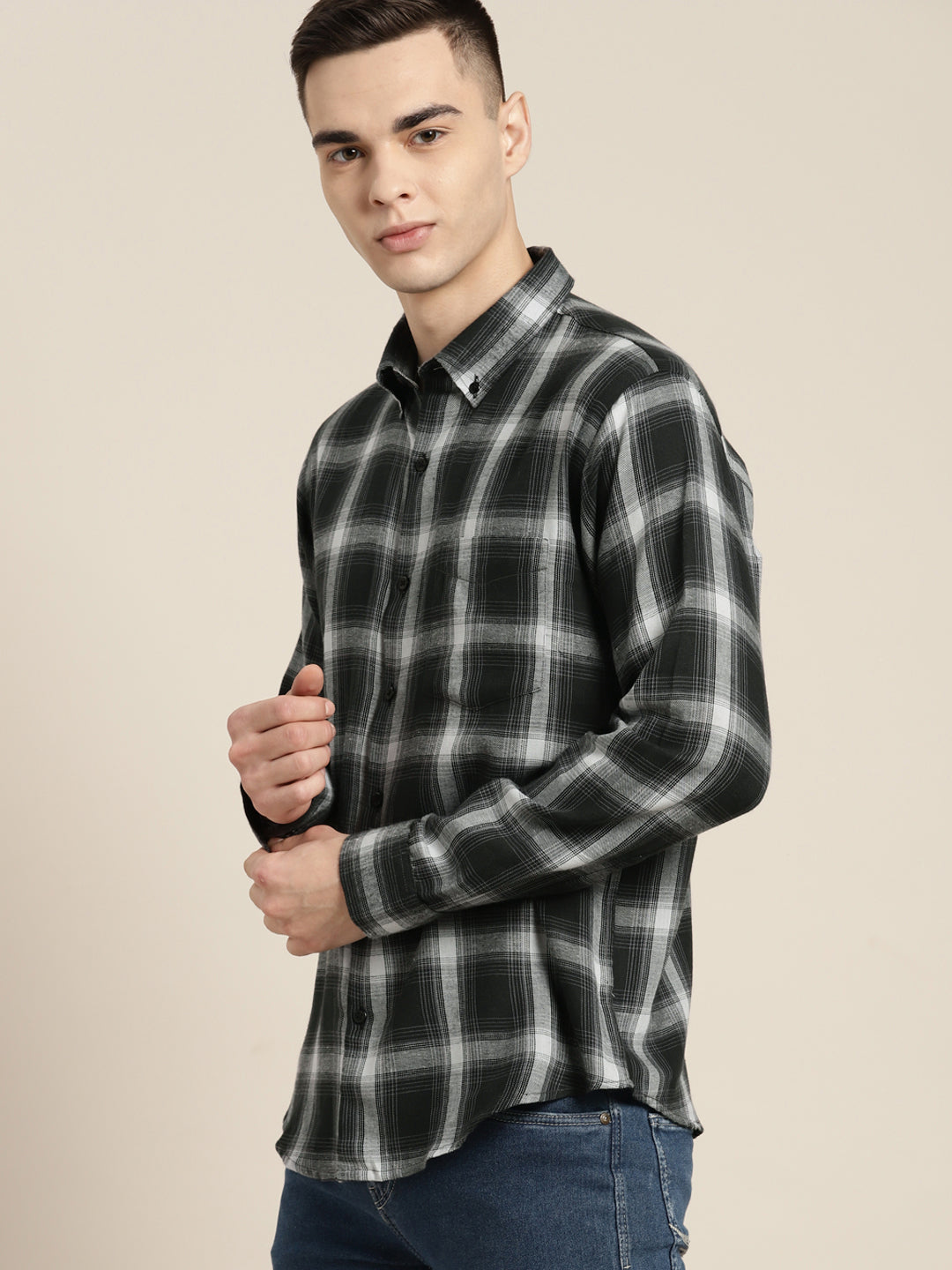 Men Black & Grey Checks Pure Cotton Slim fit Casual Shirt