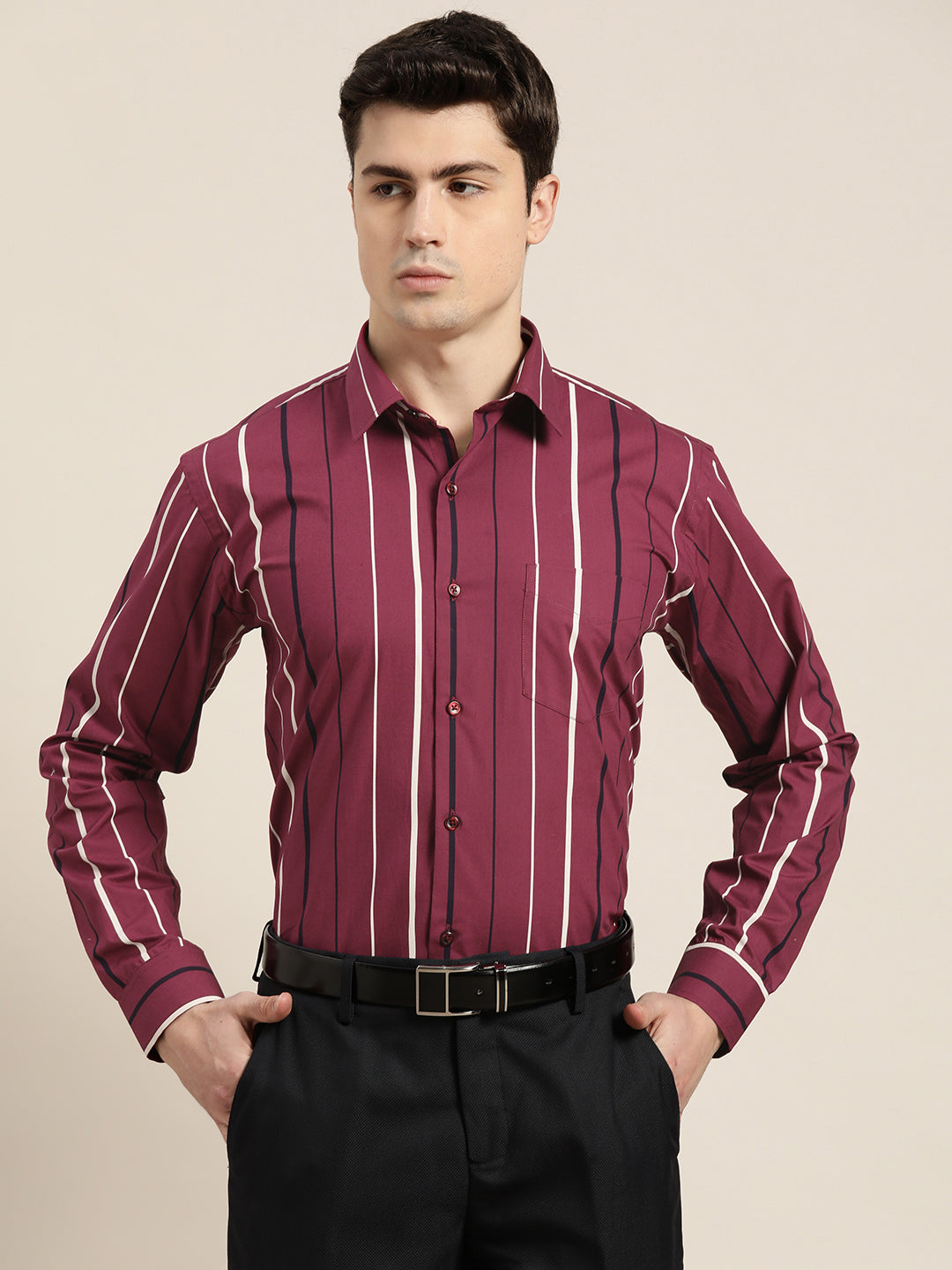 Men Burgundy Stripes Pure Cotton Slim fit Formal Shirt