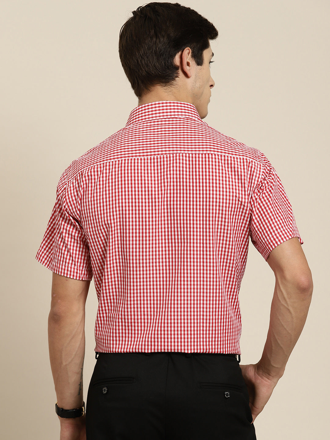 Men Red & White Gingham Check Short Sleeve Slim fit Formal Shirt