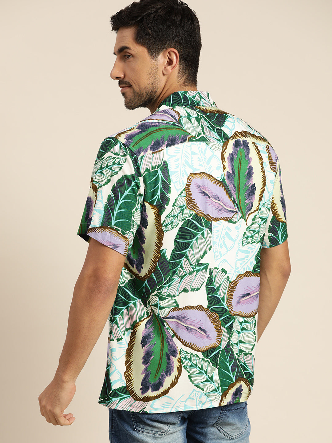 Men Green Print Viscose Rayon Relaxed Fit Casual Resort Shirt