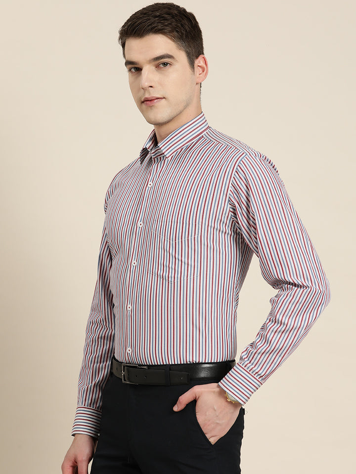 Men White & Blue Stripes Pure Cotton Slim fit Formal Shirt