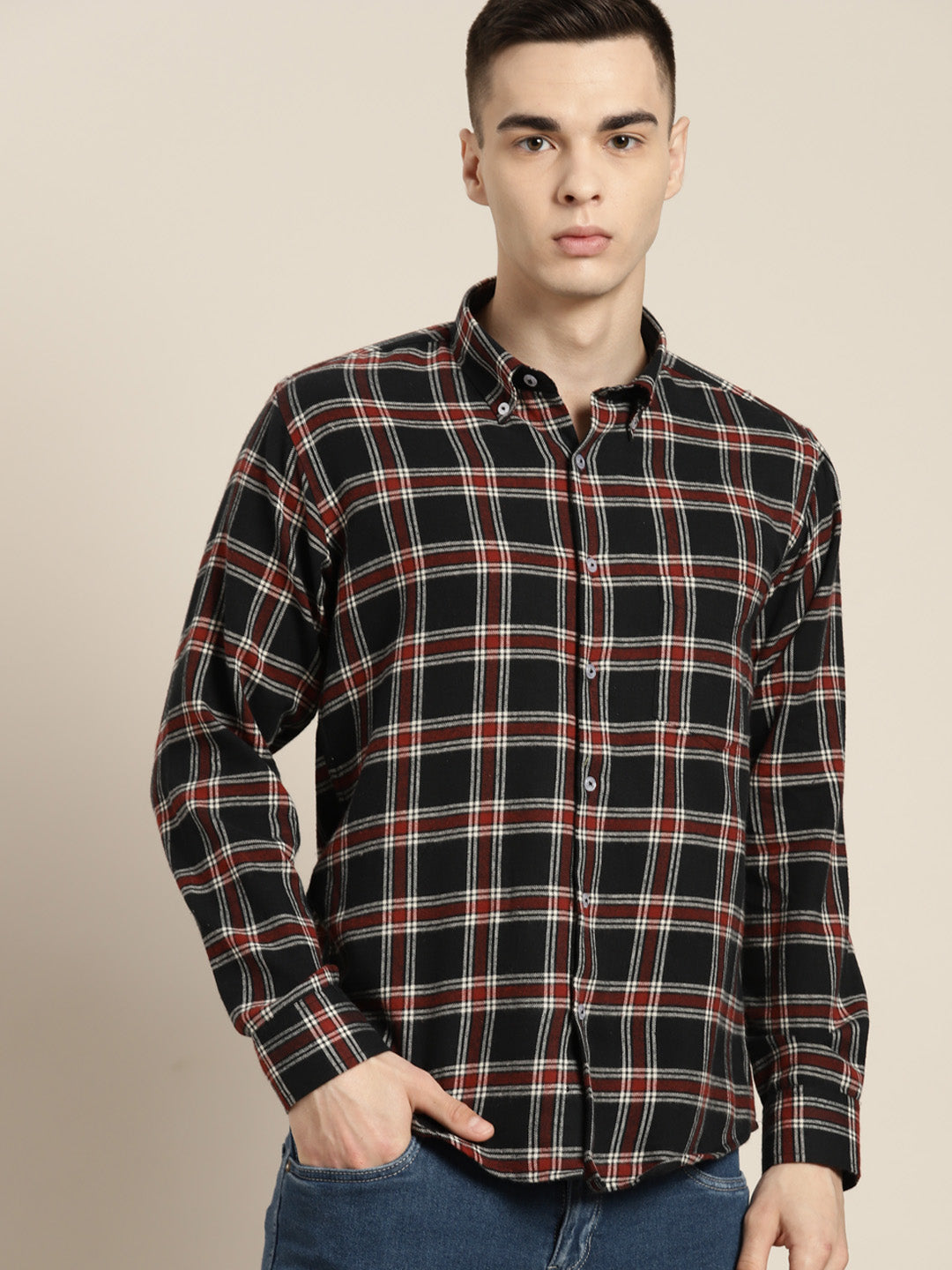 Men Black & White Checks Pure Cotton Slim fit Casual Shirt